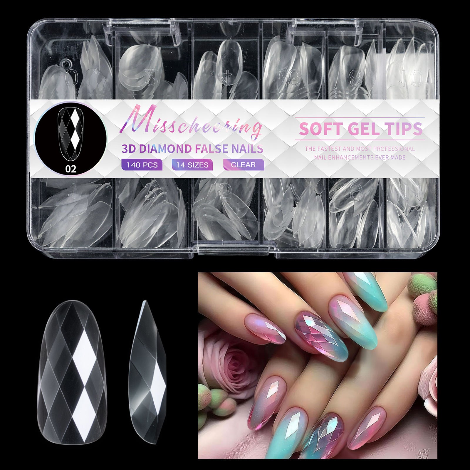 3D Diamond, Almond & Ballerina Long Press-On Nails — Salon-Quality at Home