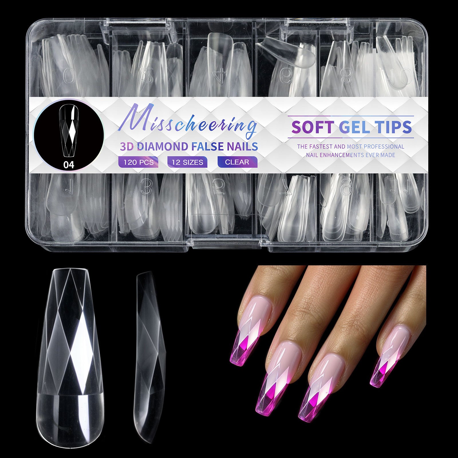 3D Diamond, Almond & Ballerina Long Press-On Nails — Salon-Quality at Home