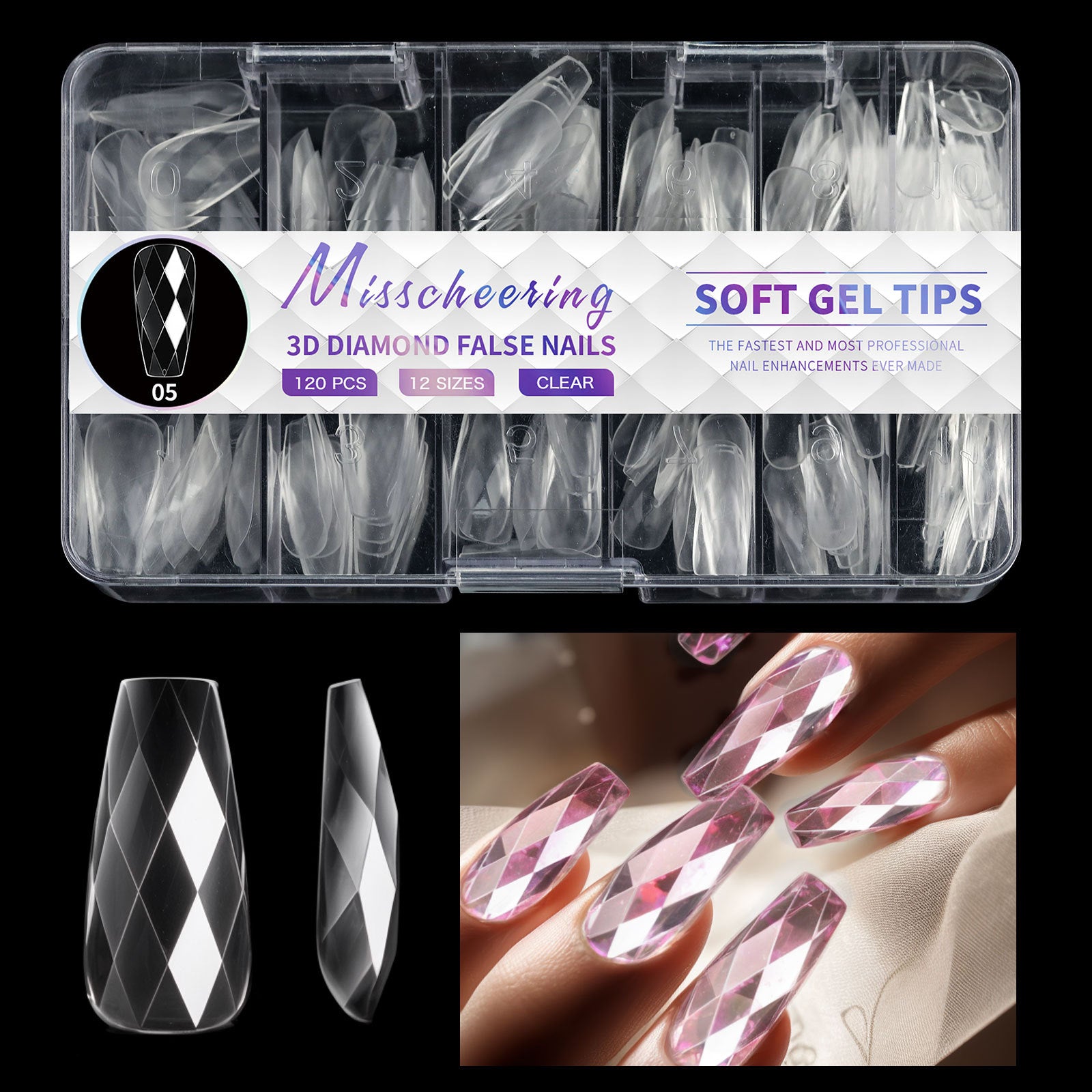 3D Diamond, Almond & Ballerina Long Press-On Nails — Salon-Quality at Home