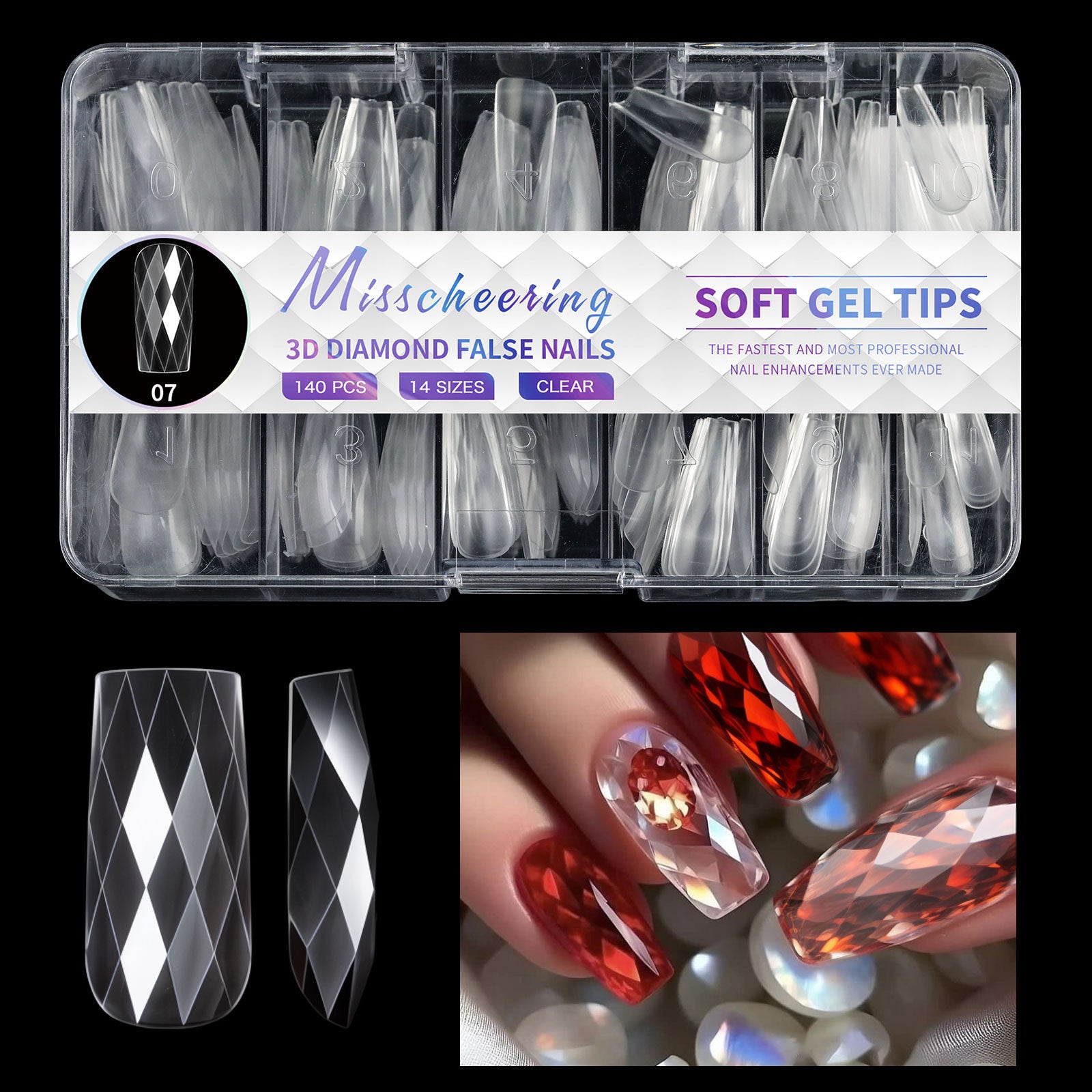 3D Diamond, Almond & Ballerina Long Press-On Nails — Salon-Quality at Home