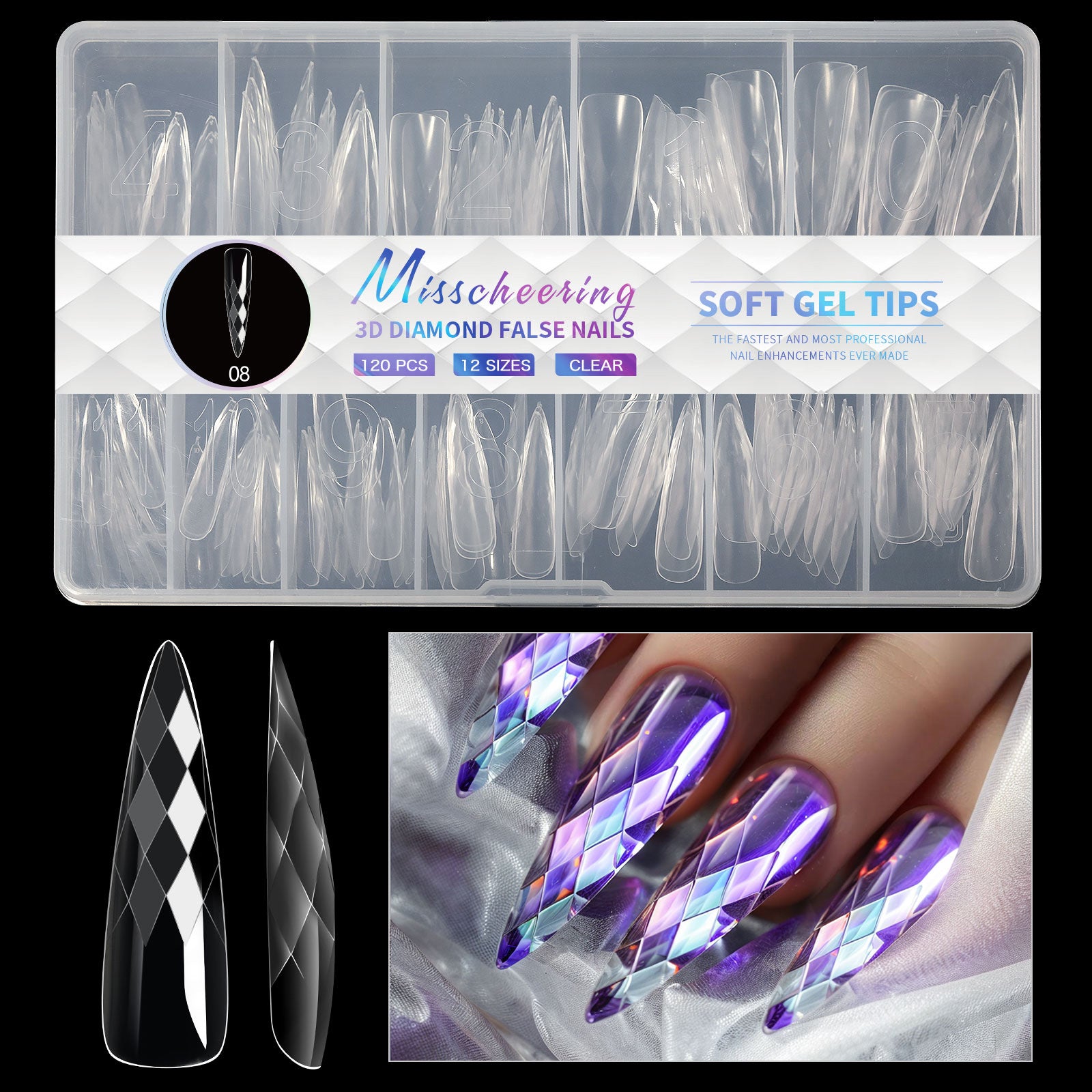 3D Diamond, Almond & Ballerina Long Press-On Nails — Salon-Quality at Home