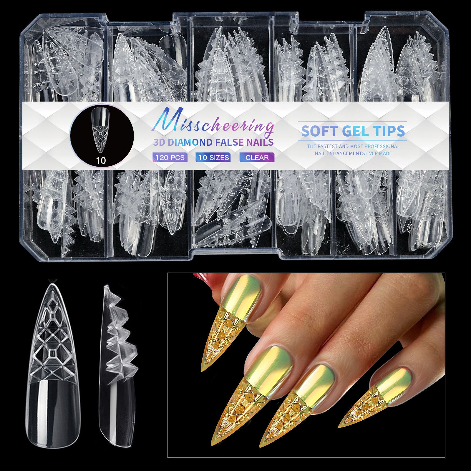 3D Diamond, Almond & Ballerina Long Press-On Nails — Salon-Quality at Home