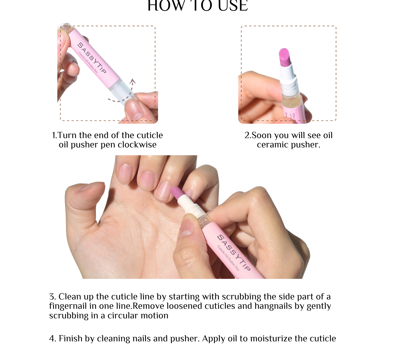 SassyTip Cuticle Pusher Pen 2.0 with visible nourishing oil for hydrated cuticles
