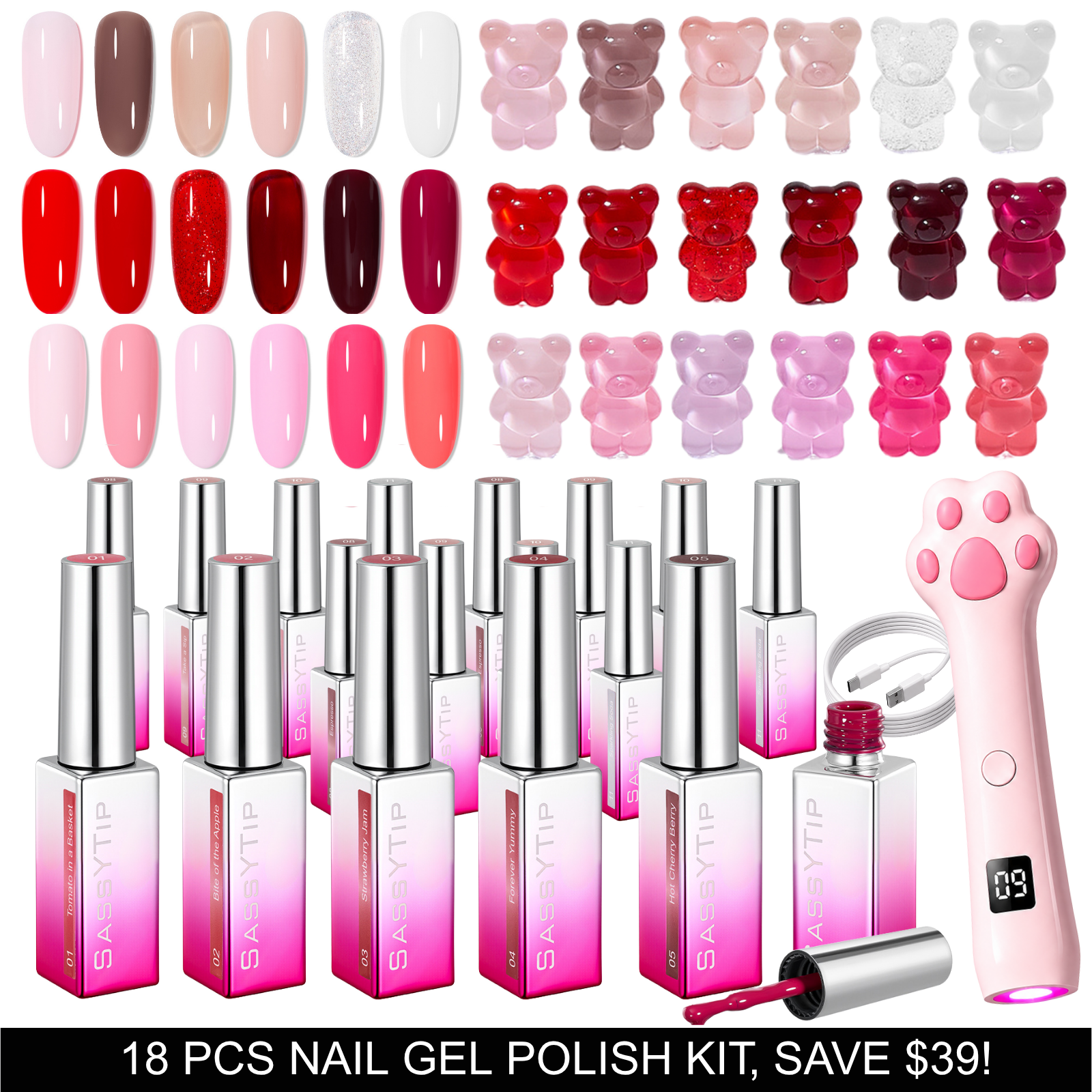 SassyTip 18 PCS Red Nude Pink Color Gel Set
