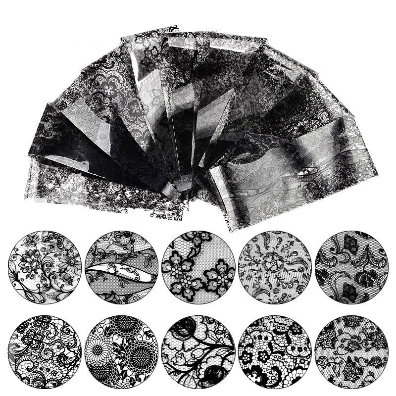 Black Lace Galaxy Foil Set — Nail Art Transfer Sheets (10 pcs, 20cm Mixed Designs)