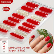 Harunouta 16pcs Semi-Cured Gel Nail Stickers - Solid & Glitter Red Gel Nail Art DIY Kit | Salon Style Press-On Nails