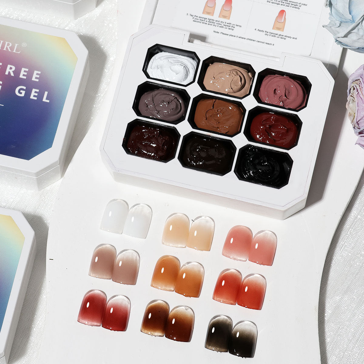 9-Grid Monet Garden Nail Art Sticker - Macaron Gradient Watercolor Design, No-Wipe Gel Colors