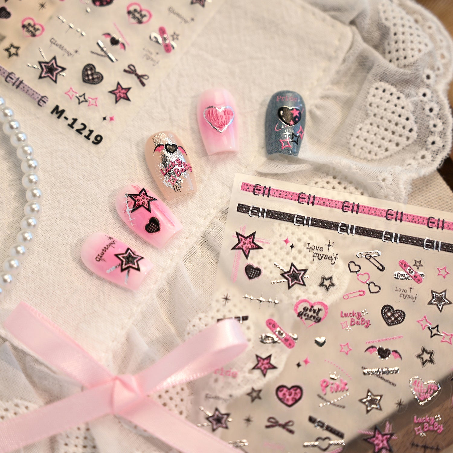 Glazed Silver Heart & Bow Nail Stickers