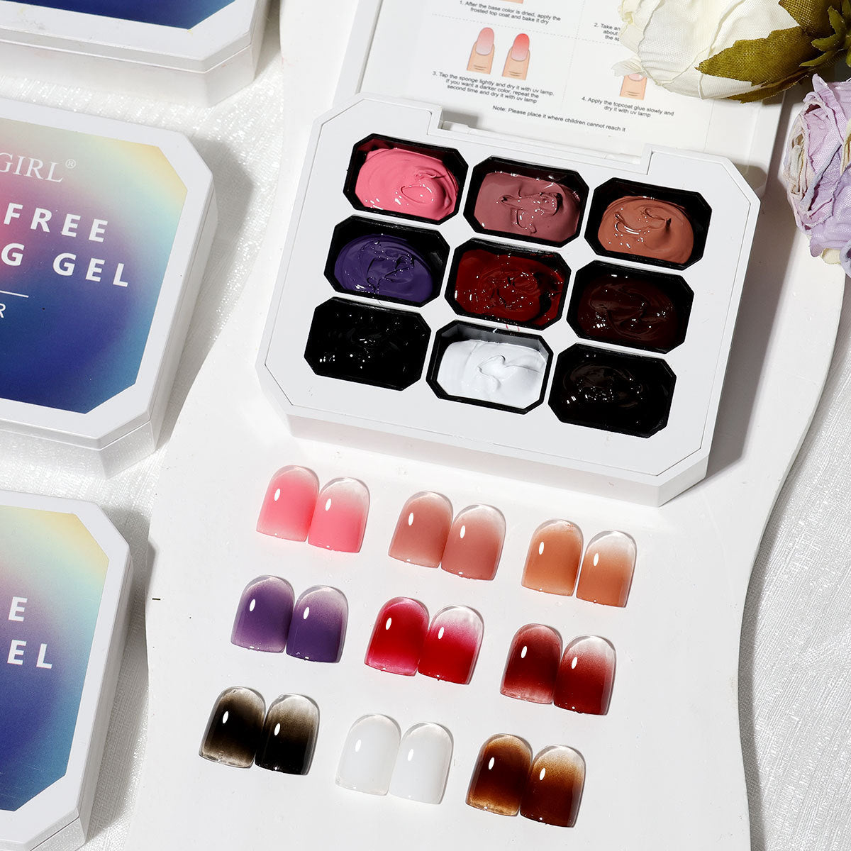 9-Grid Monet Garden Nail Art Sticker - Macaron Gradient Watercolor Design, No-Wipe Gel Colors