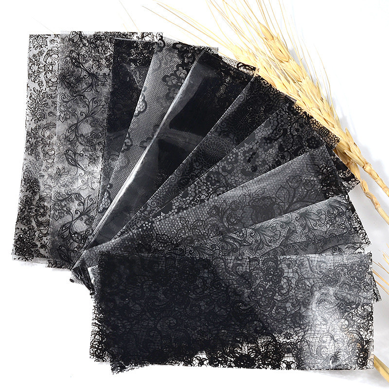 Black Lace Galaxy Foil Set — Nail Art Transfer Sheets (10 pcs, 20cm Mixed Designs)