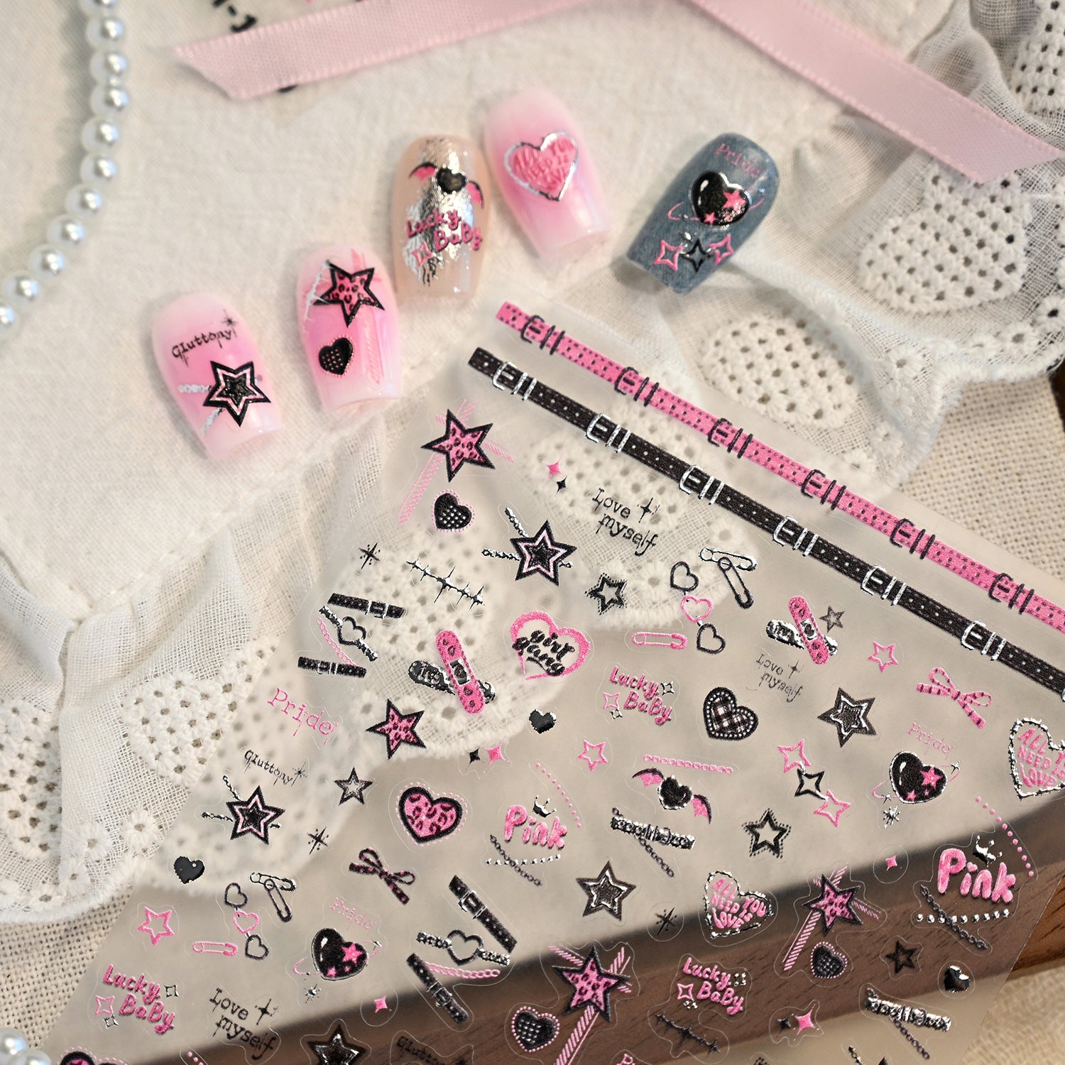 Glazed Silver Heart & Bow Nail Stickers