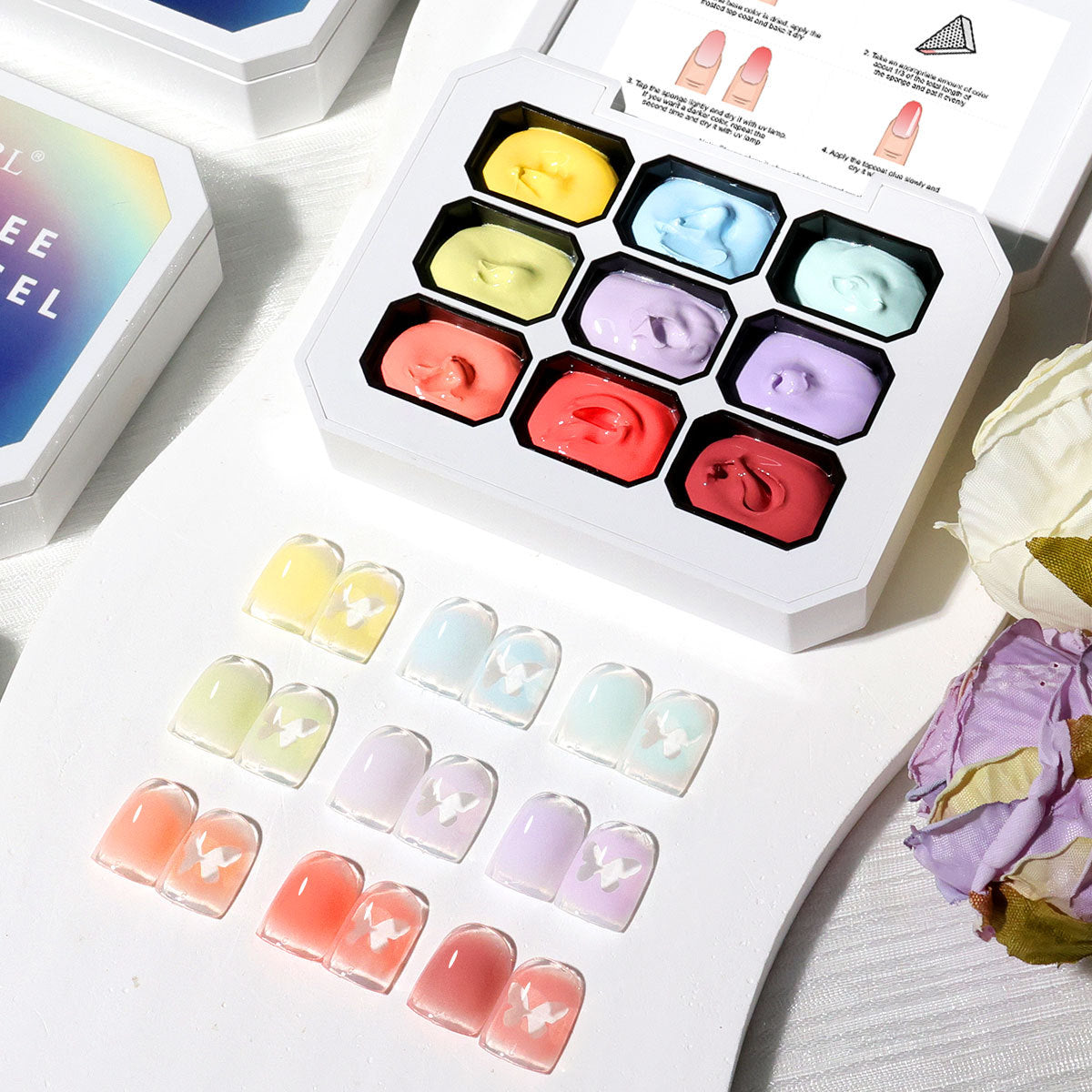 9-Grid Monet Garden Nail Art Sticker - Macaron Gradient Watercolor Design, No-Wipe Gel Colors