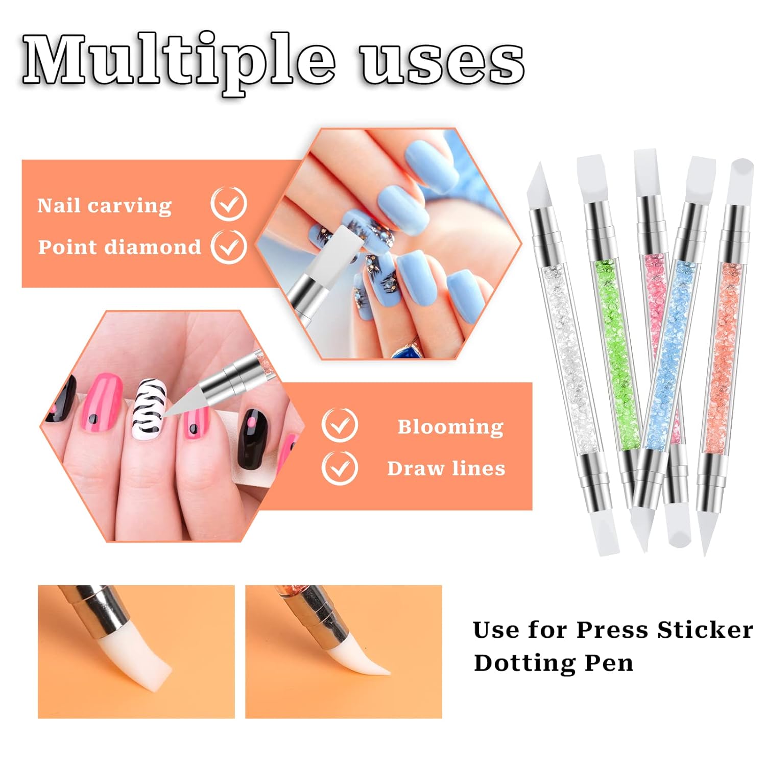 5 Pcs Dual-Tipped Silicone Nail Art Pens – Sculpting & Drawing Tools