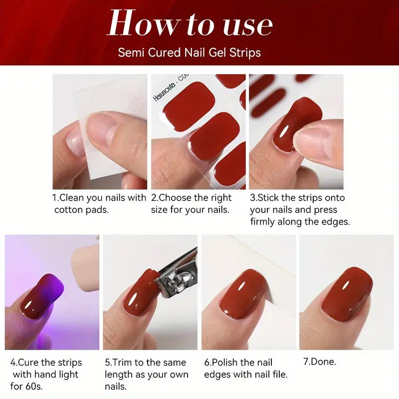 Harunouta 16pcs Semi-Cured Gel Nail Stickers - Solid & Glitter Red Gel Nail Art DIY Kit | Salon Style Press-On Nails