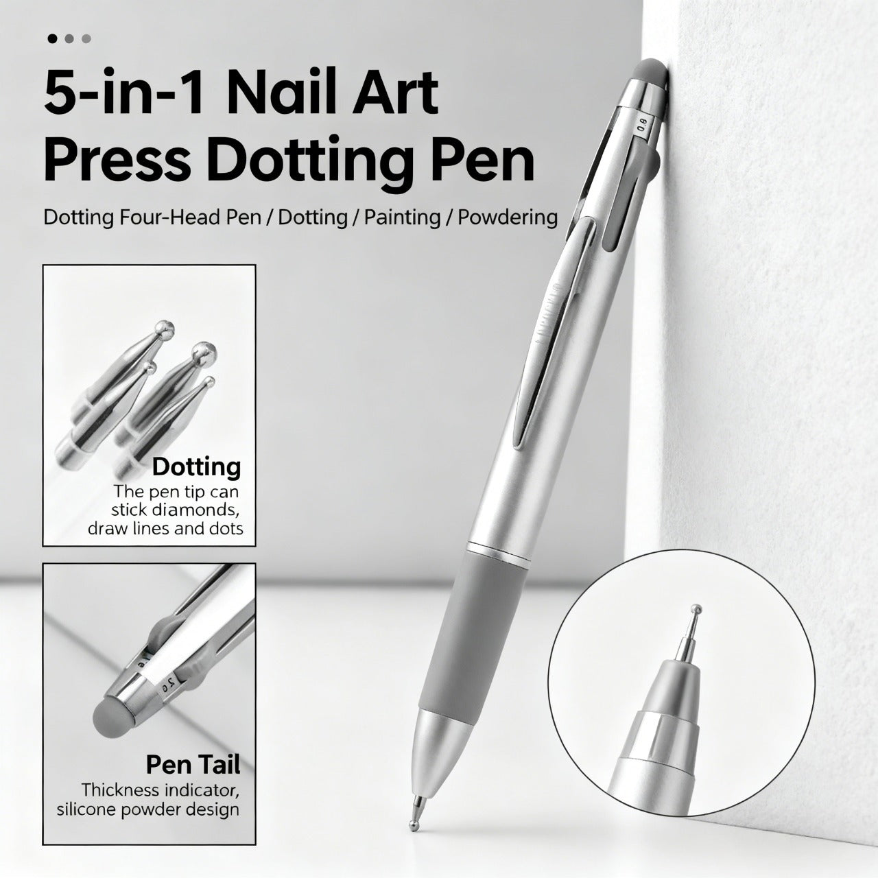 5-in-1 Nail Art Pen: Rhinestone/Dotting/Painting/Glitter