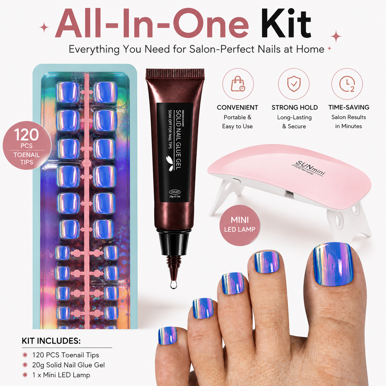120PCS Electroplated Toenail Set – Pre-sized S/M/L