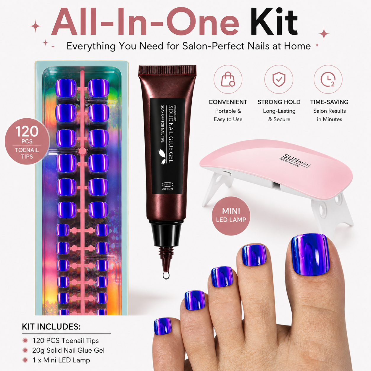 120PCS Electroplated Toenail Set – Pre-sized S/M/L