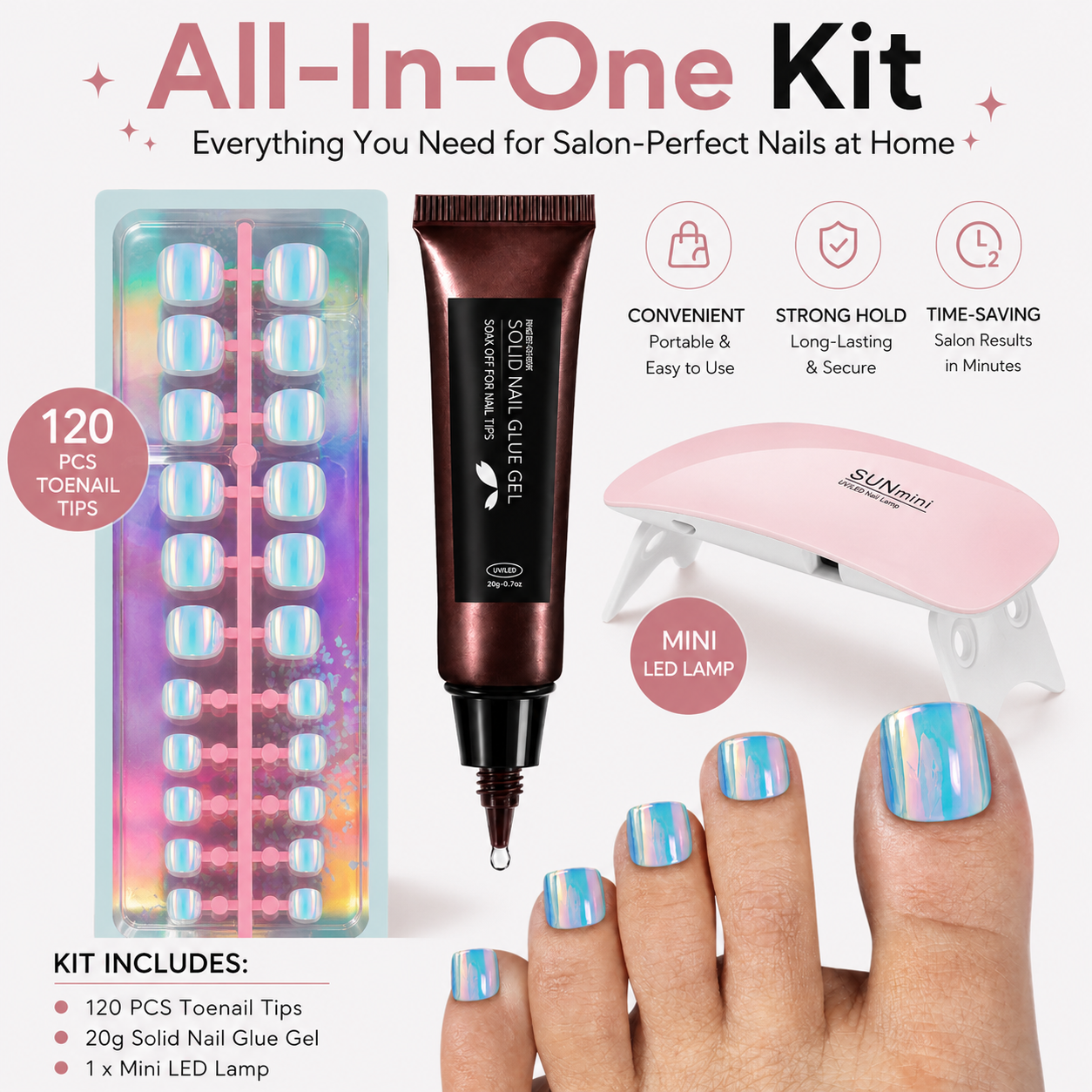 120PCS Electroplated Toenail Set – Pre-sized S/M/L