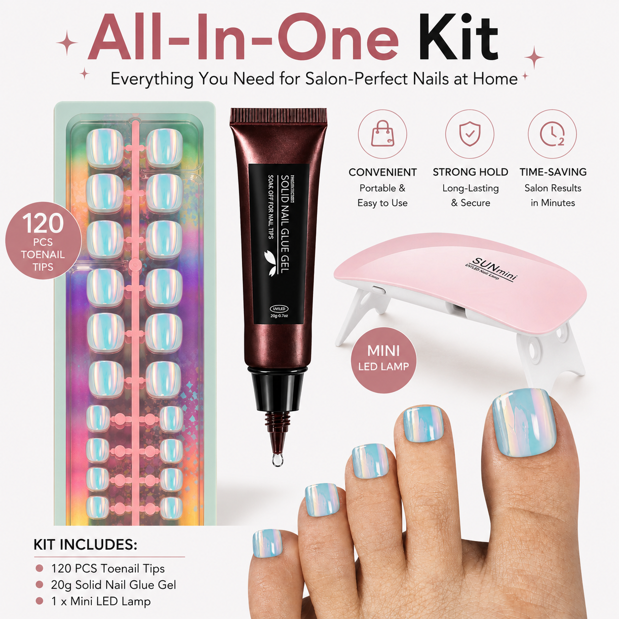 120PCS Electroplated Toenail Set – Pre-sized S/M/L