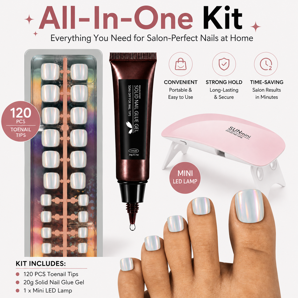 120PCS Electroplated Toenail Set – Pre-sized S/M/L