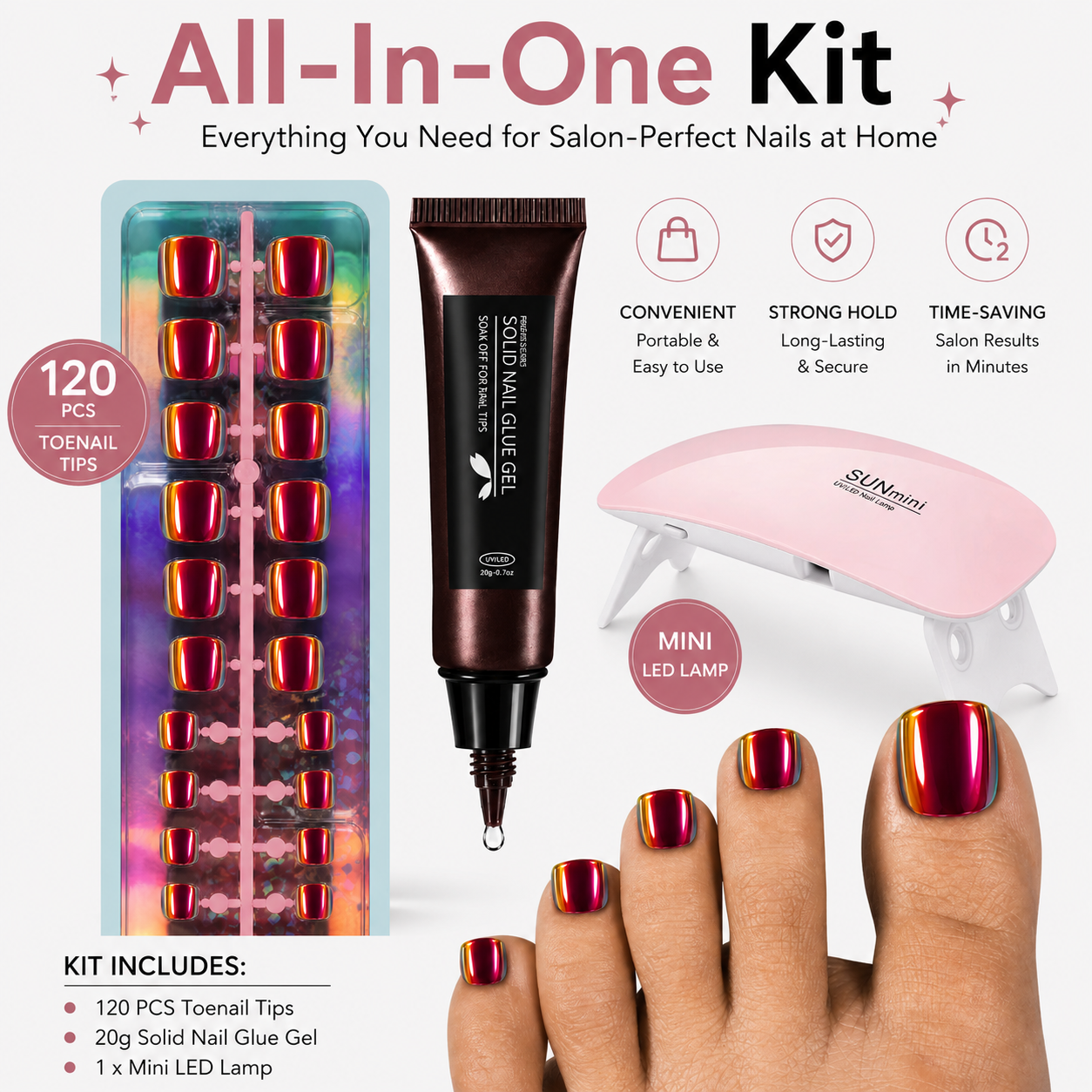 120PCS Electroplated Toenail Set – Pre-sized S/M/L