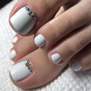 Elegant White Press-On Nails & Toe Nails with AB Rhinestones – Minimalist Glam for Hands and Feet