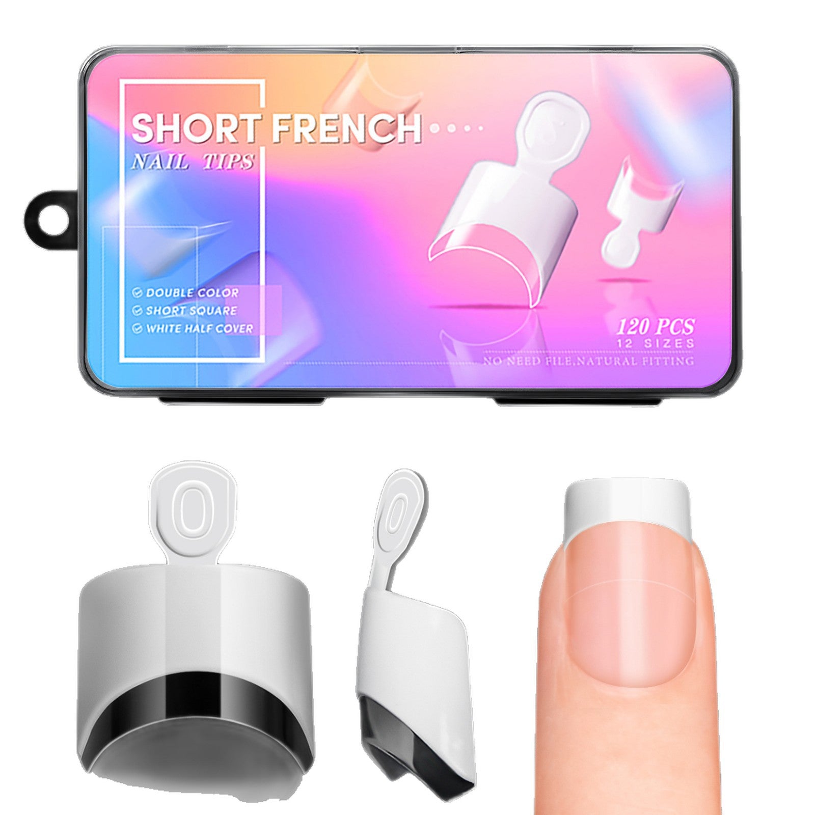 French Tip Fake Nails with Handle - White & Nude Glueless Press-On