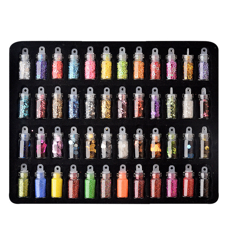 48-Color Glass Jar Nail Art Kit - Hex Glitter, Caviar Beads & Sparkling Sequins for DIY Nail Design
