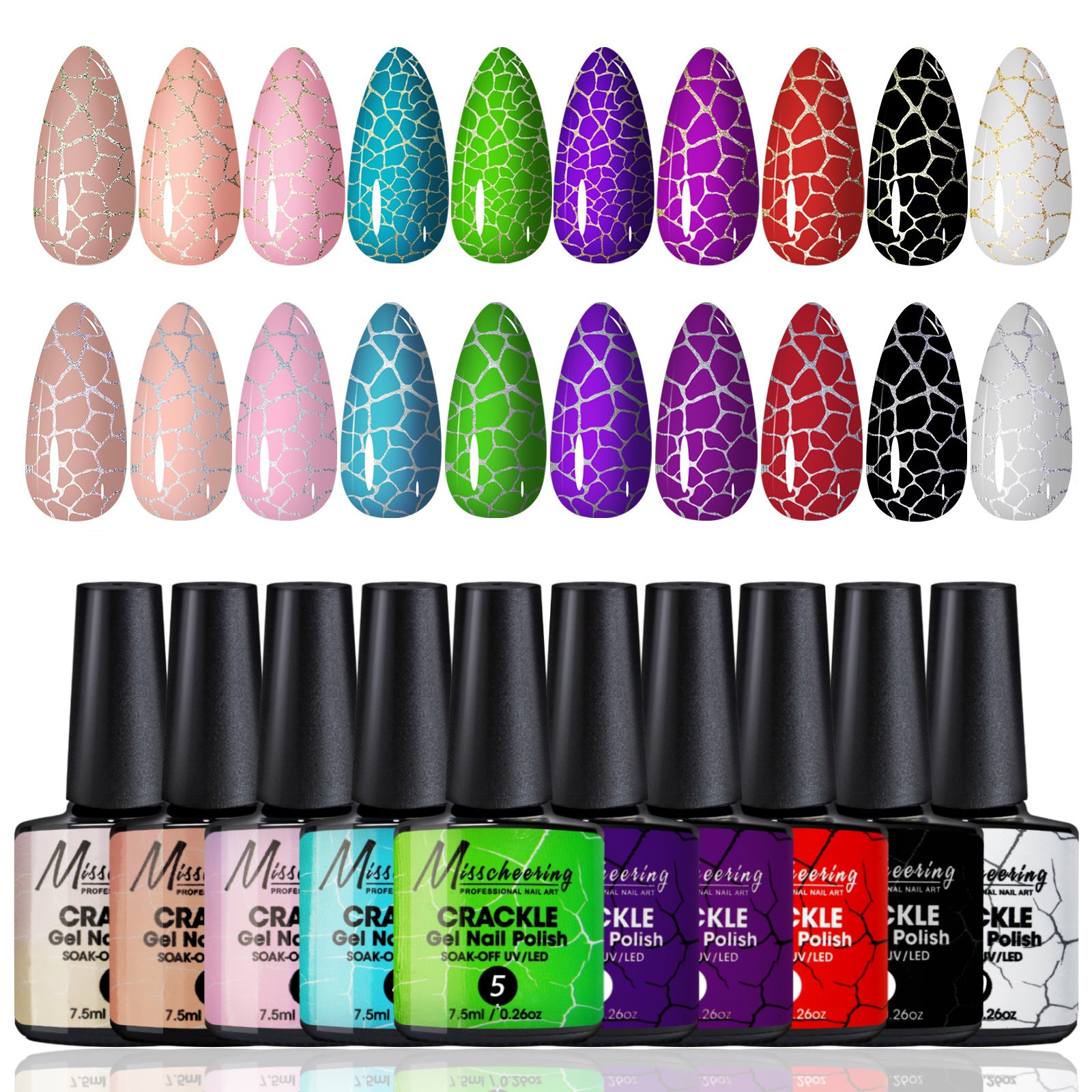 Crackle Nail Gel (3 Bases 10 Colors) - Quick-Dry UV/LED Crack Nail Polish for Stylish Ice-Crack Manicure
