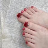 Glam Red Glitter Toe Nails with Rhinestone Accents – Sparkling Square Pedicure for Festive & Party Vibes