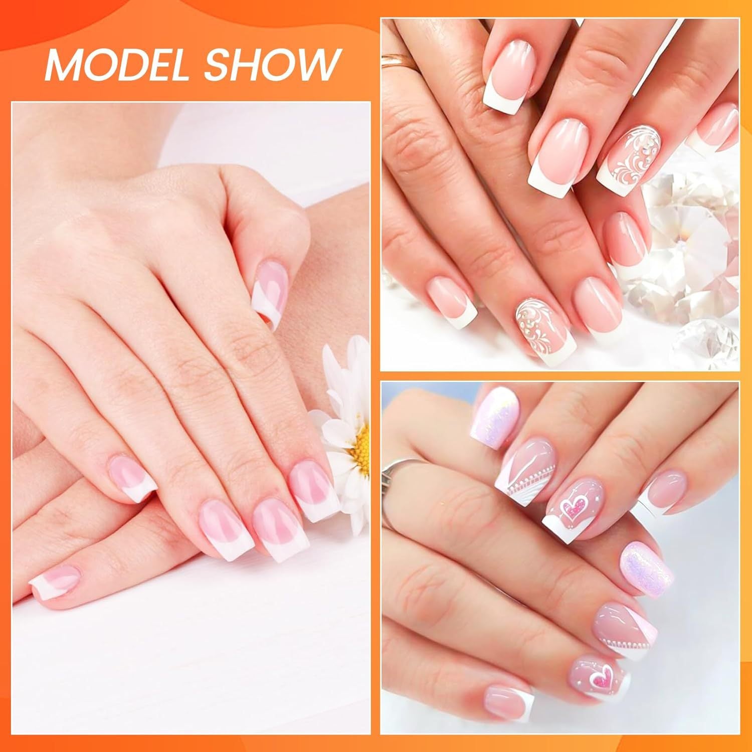 French Tip Fake Nails with Handle - White & Nude Glueless Press-On
