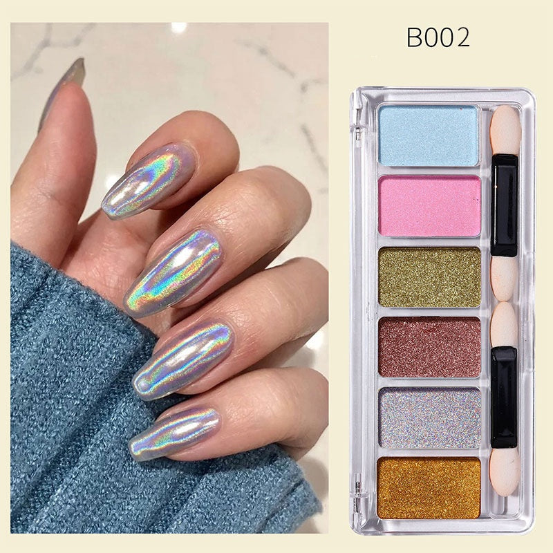 6-Color Solid Mirror Powder Set - Holographic Chrome Nail Pigment, No Rubbing Needed