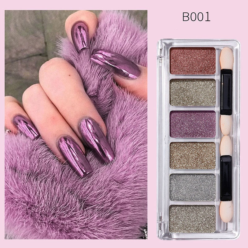 6-Color Solid Mirror Powder Set - Holographic Chrome Nail Pigment, No Rubbing Needed