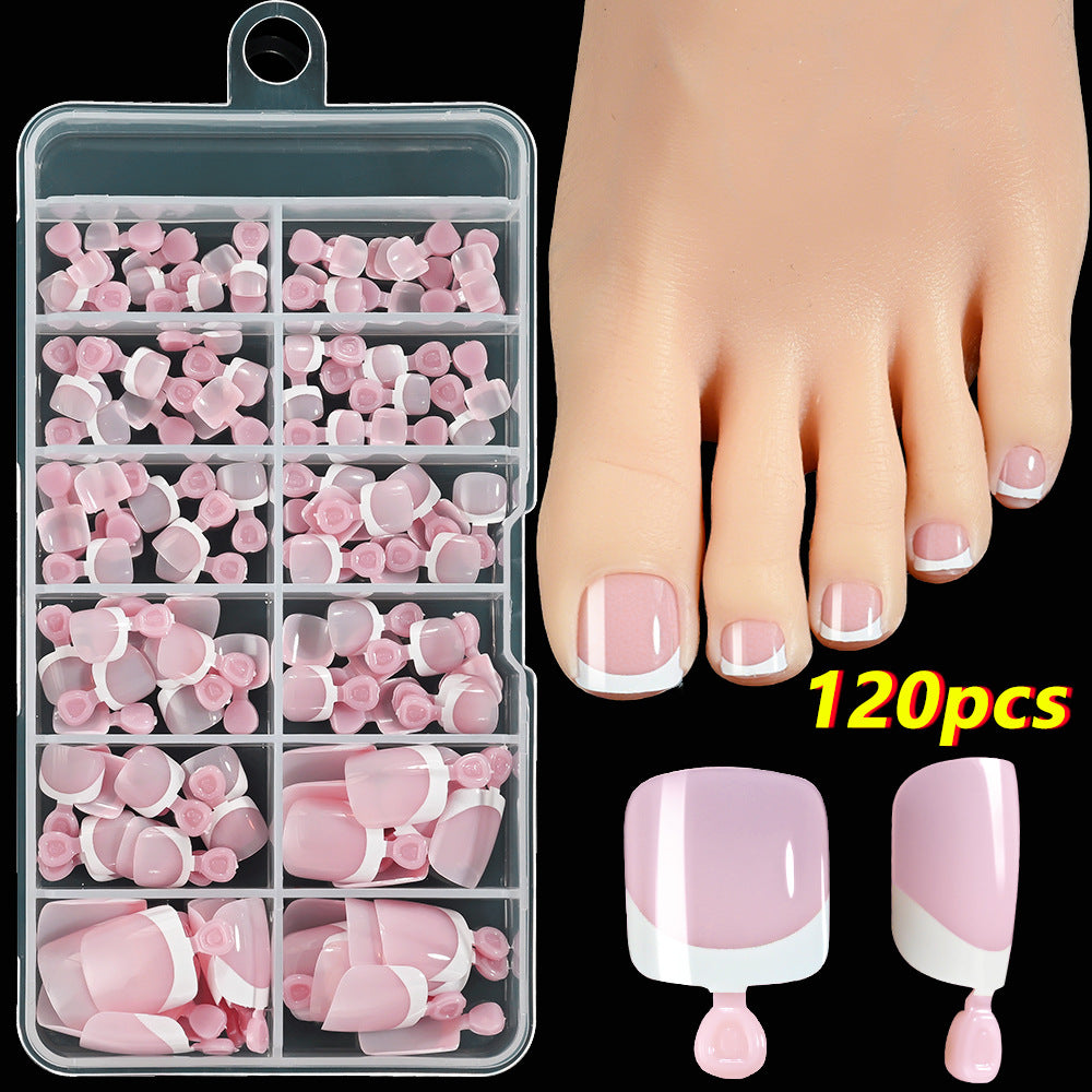 120pcs French Tip Toenails - Nude & Pink Full Cover Short Square Fake Toe Nails