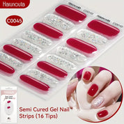 Harunouta 16pcs Semi-Cured Gel Nail Stickers - Solid & Glitter Red Gel Nail Art DIY Kit | Salon Style Press-On Nails