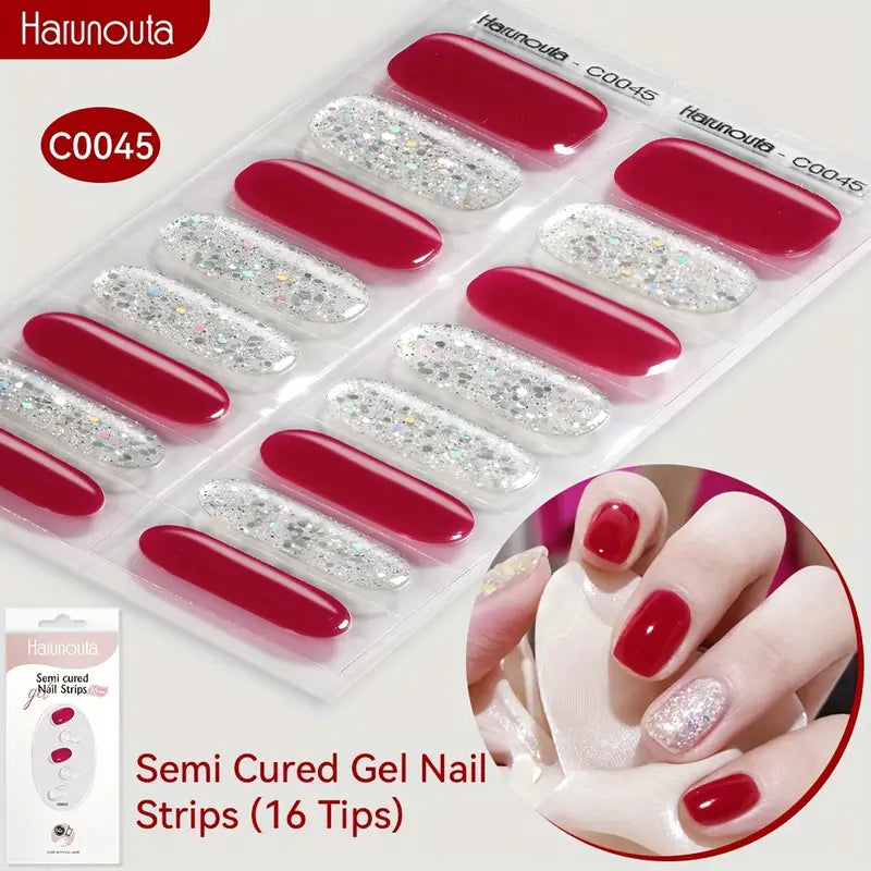 Harunouta 16pcs Semi-Cured Gel Nail Stickers - Solid & Glitter Red Gel Nail Art DIY Kit | Salon Style Press-On Nails