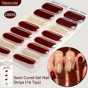 Harunouta 16pcs Semi-Cured Gel Nail Stickers - Solid & Glitter Red Gel Nail Art DIY Kit | Salon Style Press-On Nails