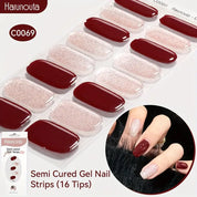 Harunouta 16pcs Semi-Cured Gel Nail Stickers - Solid & Glitter Red Gel Nail Art DIY Kit | Salon Style Press-On Nails